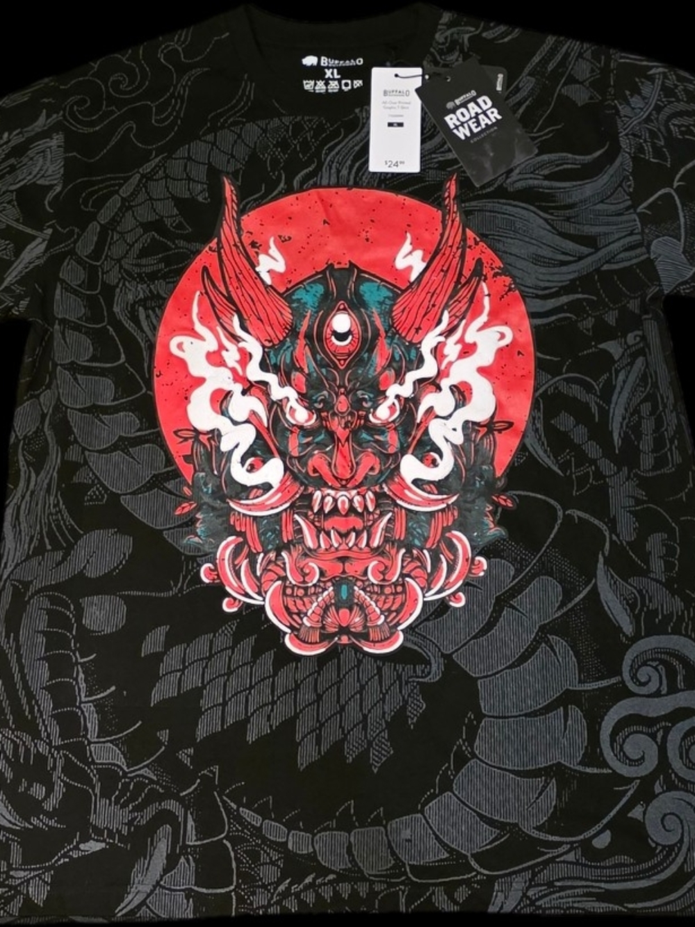 Black Graphic Men's T-Shirt with Red Oni Motif